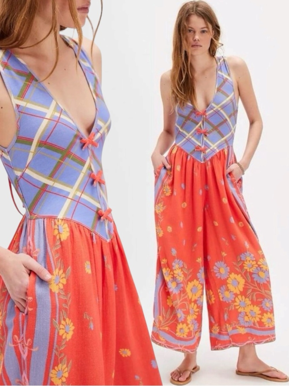 Free People Linen Bali Honeydew Jumpsuit in Fiesta Combo Size Small NWT Bohemian